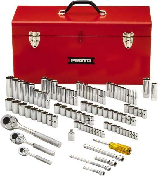 Proto - 101 Piece 1/4", 3/8" & 1/2" Drive Chrome Finish Deep Well Socket Set - 6, 8, 12 Points, 1/4" to 1" (4mm to 19mm) Range, Inch/Metric Measurement Standard - USA Tool & Supply