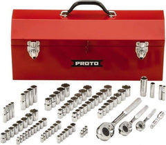 Proto - 81 Piece 1/4", 3/8" & 1/2" Drive Chrome Finish Deep Well Socket Set - 6, 12 Points, 5/32" to 13/16" (4mm to 19mm) Range, Inch/Metric Measurement Standard - USA Tool & Supply