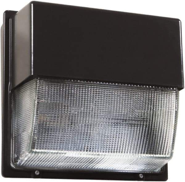 Lithonia Lighting - 72 Watt, 4,700 Lumen, 5,000°K, 120-277 Volt, LED Wall Pack Light Fixture - Prismatic Glass Lens, Aluminum Housing, Bronze (Color), Wall Mount, 8-15/16" Deep x 9-1/2" High x 10-9/16" Wide - USA Tool & Supply