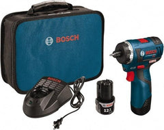 Bosch - 12 Volt 3/8" Chuck Pistol Grip Handle Cordless Drill - 0-400 & 0-1400 RPM, Reversible, 2 Lithium-Ion Batteries Included - USA Tool & Supply