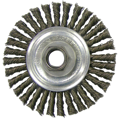 ‎Vortec Pro 4″ Knot Wire Wheel, Standard Twist, .014″, 1/2″-3/8″ Arbor Hole, Retail Pack - USA Tool & Supply