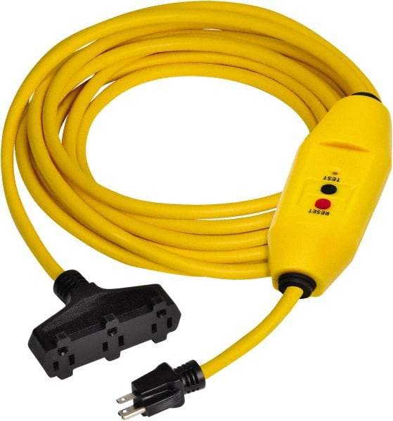 Tower - 3 Outlets, 125 Volt, 15 Amp, Yellow, GFCI and Triple Tap Cord Set - 5-15P, 5-15R NEMA Configuration, 25 Ft. Long, cUL Listed, OSHA, UL File E174279 - USA Tool & Supply