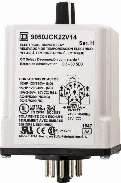 Square D - DPDT Time Delay Relay - 10 Contact Amp, 24 VAC/VDC - USA Tool & Supply