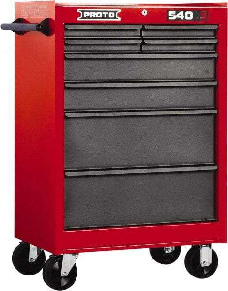 Proto - 8 Drawer Steel Tool Roller Cabinet - 27" Wide x 42" High x 18" Deep, Ball Bearing Drawer Slides, Safety Red/Gray - USA Tool & Supply