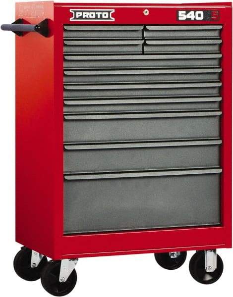 Proto - 11 Drawer Steel Tool Roller Cabinet - 27" Wide x 42" High x 18" Deep, Ball Bearing Drawer Slides, Safety Red/Gray - USA Tool & Supply