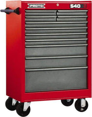Proto - 11 Drawer Steel Tool Roller Cabinet - 27" Wide x 42" High x 18" Deep, Ball Bearing Drawer Slides, Safety Red/Gray - USA Tool & Supply