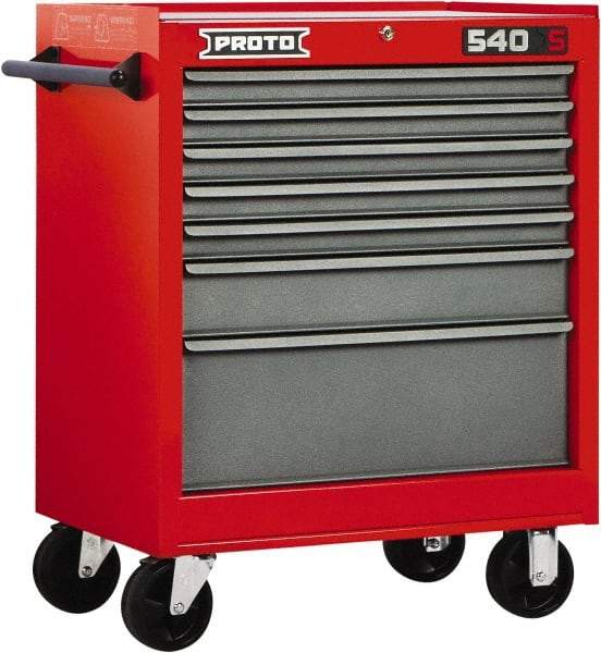 Proto - 7 Drawer Steel Tool Roller Cabinet - 27" Wide x 35" High x 18" Deep, Ball Bearing Drawer Slides, Safety Red/Gray - USA Tool & Supply