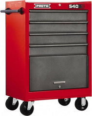 Proto - 4 Drawer Steel Tool Roller Cabinet - 27" Wide x 42" High x 18" Deep, Ball Bearing Drawer Slides, Safety Red/Gray - USA Tool & Supply