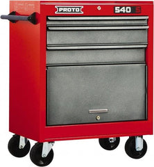 Proto - 3 Drawer Steel Tool Roller Cabinet - 27" Wide x 35" High x 18" Deep, Ball Bearing Drawer Slides, Safety Red/Gray - USA Tool & Supply