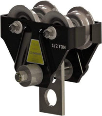 CIGNYS - 0.5 Ton Capacity Plain Adjustable Trolley - 2-21/32" to 4-21/32" Flange Width, 3-1/8" Wheel Diam, 4" to 10" I-Beam, 24" Min Radius - USA Tool & Supply