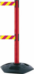 Tensator - 38" High, 2-1/2" Pole Diam, 4 Way Stanchion - 19" Base Diam, Octagon Recycled Rubber Base, Red Plastic Post, 7-1/2' x 2" Tape, Dual Line Tape, For Outdoor Use - USA Tool & Supply