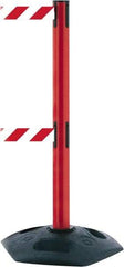 Tensator - 38" High, 2-1/2" Pole Diam, 4 Way Stanchion - 19" Base Diam, Octagon Recycled Rubber Base, Red Plastic Post, 7-1/2' x 2" Tape, Dual Line Tape, For Outdoor Use - USA Tool & Supply