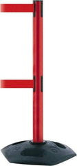 Tensator - 38" High, 2-1/2" Pole Diam, 4 Way Stanchion - 19" Base Diam, Octagon Recycled Rubber Base, Red Plastic Post, 7-1/2' x 2" Tape, Dual Line Tape, For Outdoor Use - USA Tool & Supply
