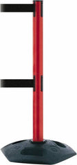 Tensator - 38" High, 2-1/2" Pole Diam, 4 Way Stanchion - 19" Base Diam, Octagon Recycled Rubber Base, Red Plastic Post, 7-1/2' x 2" Tape, Dual Line Tape, For Outdoor Use - USA Tool & Supply