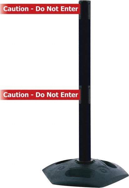Tensator - 38" High, 2-1/2" Pole Diam, 4 Way Stanchion - 19" Base Diam, Octagon Recycled Rubber Base, Black Plastic Post, 7-1/2' x 2" Tape, Dual Line Tape, For Outdoor Use - USA Tool & Supply