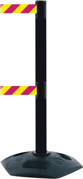 Tensator - 38" High, 2-1/2" Pole Diam, 4 Way Stanchion - 19" Base Diam, Octagon Recycled Rubber Base, Black Plastic Post, 7-1/2' x 2" Tape, Dual Line Tape, For Outdoor Use - USA Tool & Supply