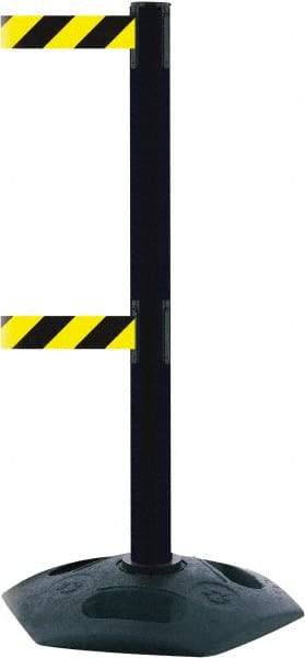 Tensator - 38" High, 2-1/2" Pole Diam, 4 Way Stanchion - 19" Base Diam, Octagon Recycled Rubber Base, Black Plastic Post, 7-1/2' x 2" Tape, Dual Line Tape, For Outdoor Use - USA Tool & Supply