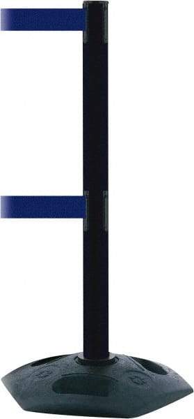 Tensator - 38" High, 2-1/2" Pole Diam, 4 Way Stanchion - 19" Base Diam, Octagon Recycled Rubber Base, Black Plastic Post, 7-1/2' x 2" Tape, Dual Line Tape, For Outdoor Use - USA Tool & Supply