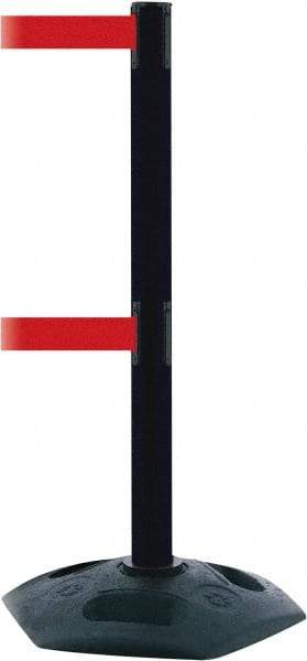 Tensator - 38" High, 2-1/2" Pole Diam, 4 Way Stanchion - 19" Base Diam, Octagon Recycled Rubber Base, Black Plastic Post, 7-1/2' x 2" Tape, Dual Line Tape, For Outdoor Use - USA Tool & Supply