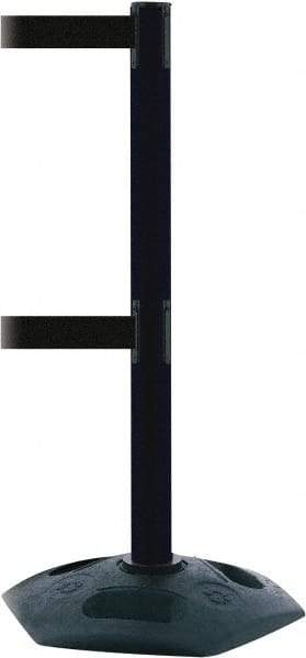 Tensator - 38" High, 2-1/2" Pole Diam, 4 Way Stanchion - 19" Base Diam, Octagon Recycled Rubber Base, Black Plastic Post, 7-1/2' x 2" Tape, Dual Line Tape, For Outdoor Use - USA Tool & Supply