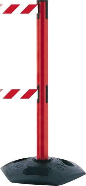 Tensator - 38" High, 2-1/2" Pole Diam, 4 Way Stanchion - 19" Base Diam, Octagon Recycled Rubber Base, Red Plastic Post, 13' x 2" Tape, Dual Line Tape, For Outdoor Use - USA Tool & Supply