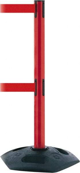 Tensator - 38" High, 2-1/2" Pole Diam, 4 Way Stanchion - 19" Base Diam, Octagon Recycled Rubber Base, Red Plastic Post, 13' x 2" Tape, Dual Line Tape, For Outdoor Use - USA Tool & Supply