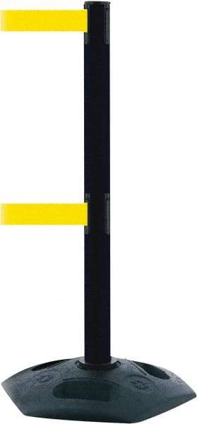 Tensator - 38" High, 2-1/2" Pole Diam, 4 Way Stanchion - 19" Base Diam, Octagon Recycled Rubber Base, Black Plastic Post, 13' x 2" Tape, Dual Line Tape, For Outdoor Use - USA Tool & Supply