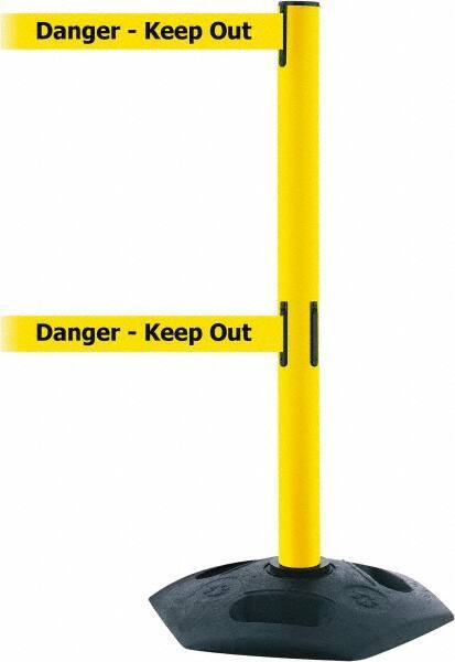 Tensator - 38" High, 2-1/2" Pole Diam, 4 Way Stanchion - 19" Base Diam, Octagon Recycled Rubber Base, Yellow Plastic Post, 7-1/2' x 2" Tape, Dual Line Tape, For Outdoor Use - USA Tool & Supply