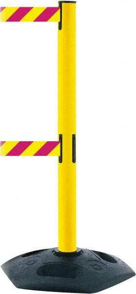 Tensator - 38" High, 2-1/2" Pole Diam, 4 Way Stanchion - 19" Base Diam, Octagon Recycled Rubber Base, Yellow Plastic Post, 7-1/2' x 2" Tape, Dual Line Tape, For Outdoor Use - USA Tool & Supply
