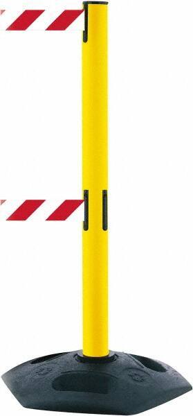 Tensator - 38" High, 2-1/2" Pole Diam, 4 Way Stanchion - 19" Base Diam, Octagon Recycled Rubber Base, Yellow Plastic Post, 7-1/2' x 2" Tape, Dual Line Tape, For Outdoor Use - USA Tool & Supply