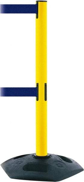Tensator - 38" High, 2-1/2" Pole Diam, 4 Way Stanchion - 19" Base Diam, Octagon Recycled Rubber Base, Yellow Plastic Post, 7-1/2' x 2" Tape, Dual Line Tape, For Outdoor Use - USA Tool & Supply