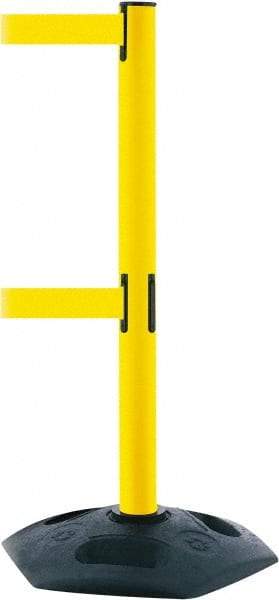 Tensator - 38" High, 2-1/2" Pole Diam, 4 Way Stanchion - 19" Base Diam, Octagon Recycled Rubber Base, Yellow Plastic Post, 7-1/2' x 2" Tape, Dual Line Tape, For Outdoor Use - USA Tool & Supply