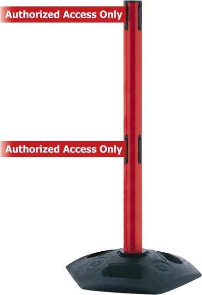 Tensator - 38" High, 2-1/2" Pole Diam, 4 Way Stanchion - 19" Base Diam, Octagon Recycled Rubber Base, Red Plastic Post, 7-1/2' x 2" Tape, Dual Line Tape, For Outdoor Use - USA Tool & Supply