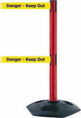 Tensator - 38" High, 2-1/2" Pole Diam, 4 Way Stanchion - 19" Base Diam, Octagon Recycled Rubber Base, Red Plastic Post, 7-1/2' x 2" Tape, Dual Line Tape, For Outdoor Use - USA Tool & Supply