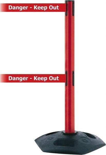 Tensator - 38" High, 2-1/2" Pole Diam, 4 Way Stanchion - 19" Base Diam, Octagon Recycled Rubber Base, Red Plastic Post, 7-1/2' x 2" Tape, Dual Line Tape, For Outdoor Use - USA Tool & Supply