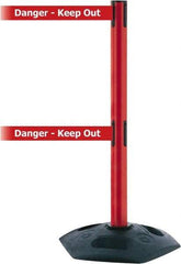Tensator - 38" High, 2-1/2" Pole Diam, 4 Way Stanchion - 19" Base Diam, Octagon Recycled Rubber Base, Red Plastic Post, 7-1/2' x 2" Tape, Dual Line Tape, For Outdoor Use - USA Tool & Supply