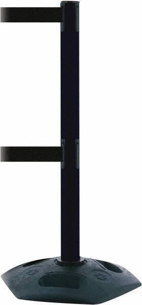 Tensator - 38" High, 2-1/2" Pole Diam, 4 Way Stanchion - 19" Base Diam, Octagon Recycled Rubber Base, Black Plastic Post, 13' x 2" Tape, Dual Line Tape, For Outdoor Use - USA Tool & Supply