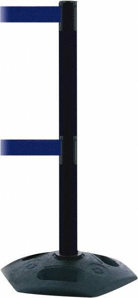 Tensator - 38" High, 2-1/2" Pole Diam, 4 Way Stanchion - 19" Base Diam, Octagon Recycled Rubber Base, Black Plastic Post, 13' x 2" Tape, Dual Line Tape, For Outdoor Use - USA Tool & Supply