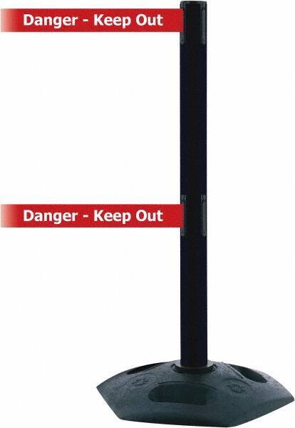 Tensator - 38" High, 2-1/2" Pole Diam, 4 Way Stanchion - 19" Base Diam, Octagon Recycled Rubber Base, Black Plastic Post, 13' x 2" Tape, Dual Line Tape, For Outdoor Use - USA Tool & Supply