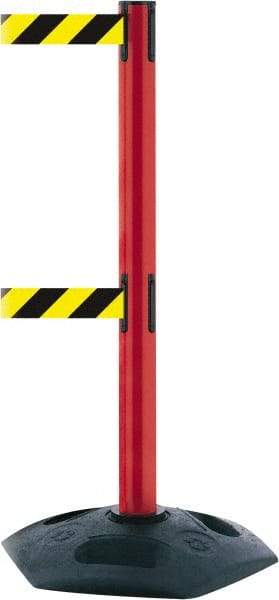Tensator - 38" High, 2-1/2" Pole Diam, 4 Way Stanchion - 19" Base Diam, Octagon Recycled Rubber Base, Red Plastic Post, 13' x 2" Tape, Dual Line Tape, For Outdoor Use - USA Tool & Supply