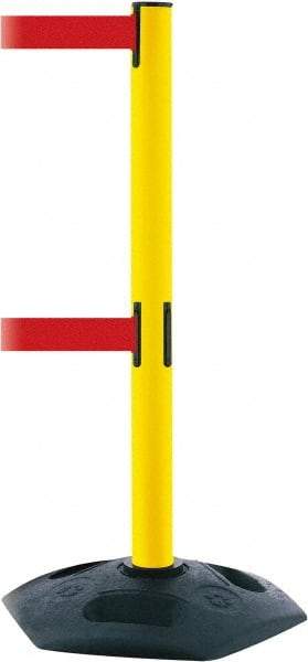 Tensator - 38" High, 2-1/2" Pole Diam, 4 Way Stanchion - 19" Base Diam, Octagon Recycled Rubber Base, Yellow Plastic Post, 13' x 2" Tape, Dual Line Tape, For Outdoor Use - USA Tool & Supply
