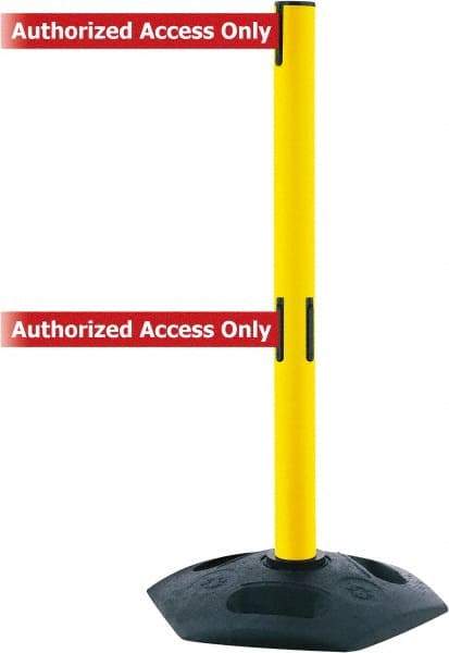 Tensator - 38" High, 2-1/2" Pole Diam, 4 Way Stanchion - 19" Base Diam, Octagon Recycled Rubber Base, Yellow Plastic Post, 13' x 2" Tape, Dual Line Tape, For Outdoor Use - USA Tool & Supply