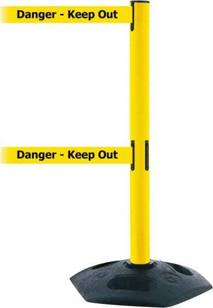 Tensator - 38" High, 2-1/2" Pole Diam, 4 Way Stanchion - 19" Base Diam, Octagon Recycled Rubber Base, Yellow Plastic Post, 13' x 2" Tape, Dual Line Tape, For Outdoor Use - USA Tool & Supply