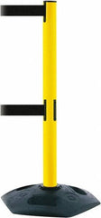 Tensator - 38" High, 2-1/2" Pole Diam, 4 Way Stanchion - 19" Base Diam, Octagon Recycled Rubber Base, Yellow Plastic Post, 13' x 2" Tape, Dual Line Tape, For Outdoor Use - USA Tool & Supply