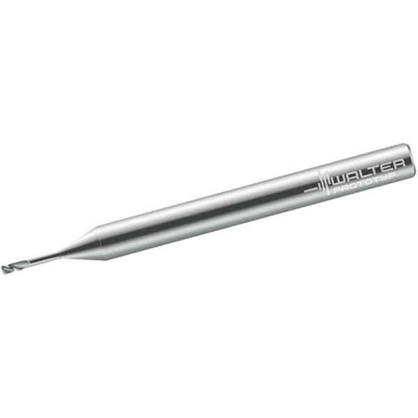Walter-Prototyp - 1mm, 2 Flute, Single End, Solid Carbide, 0.1mm Corner Radius End Mill - 38mm OAL, 30° Helix, Right Hand Flute, 1mm LOC, Right Hand Cut, 2.5mm Extended Reach - USA Tool & Supply