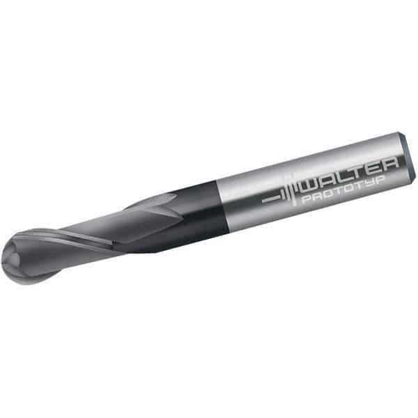 Walter-Prototyp - 1/4" Diam, 6.35mm LOC, 2 Flute Solid Carbide Ball End Mill - TiAlN Finish, Single End, 63.5mm OAL, 1/4" Shank Diam, Spiral Flute - USA Tool & Supply