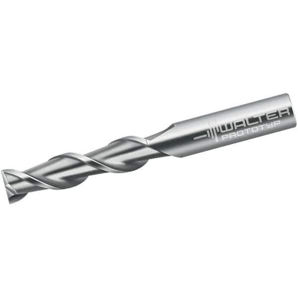 Walter-Prototyp - 10mm, 50mm LOC, 10mm Shank Diam, 118mm OAL, 2 Flute, Solid Carbide Square End Mill - Single End, Uncoated, Spiral Flute, 45° Helix, Centercutting, Right Hand Cut, Right Hand Flute - USA Tool & Supply
