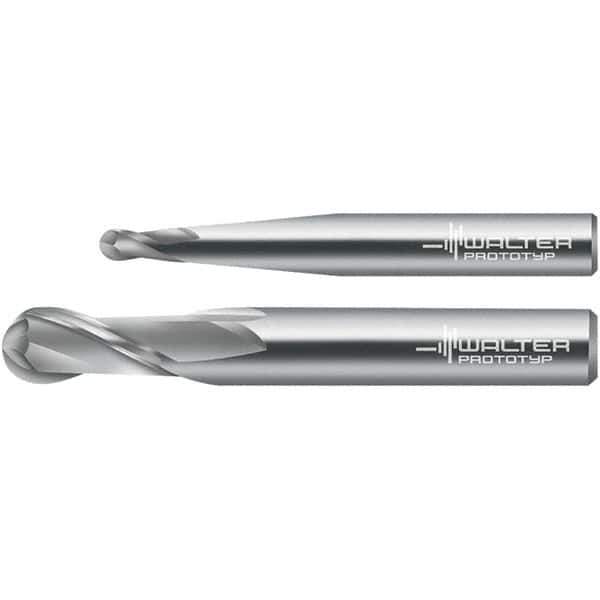 Walter-Prototyp - 10mm Diam, 19mm LOC, 2 Flute Solid Carbide Ball End Mill - Uncoated, Single End, 72mm OAL, 10mm Shank Diam, Spiral Flute - USA Tool & Supply