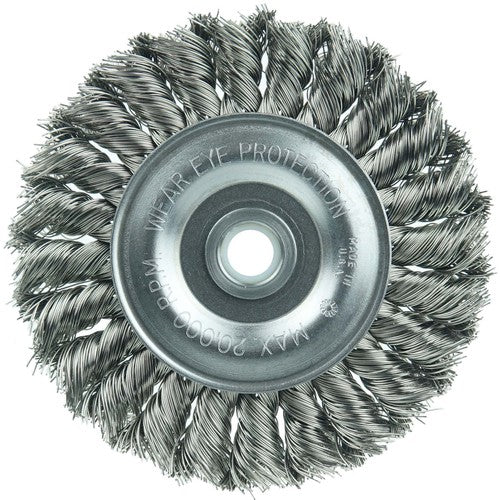 Vortec Pro 4″ Knot Wire Wheel, Standard Twist, .014″ Steel Fill, 1/2″-3/8″ Arbor Hole - USA Tool & Supply