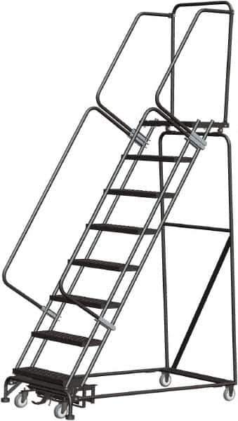 Ballymore - 113" 8 Step Rolling Warehouse Ladder - Lock Step Rolling Safety Ladder, 450 Lb Capacity, 80" Platform Height, 32" Base Width x 61" Base Depth, Perforated Tread - USA Tool & Supply